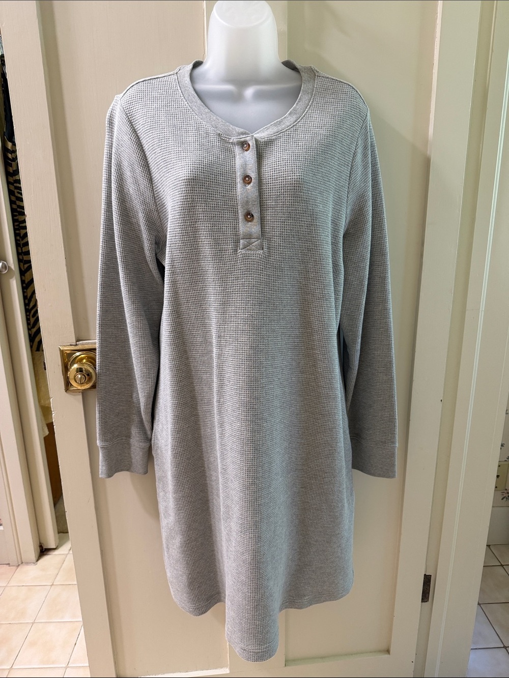 Lands' End Light Gray Waffle Henley Long Sleeve Shirt Dress